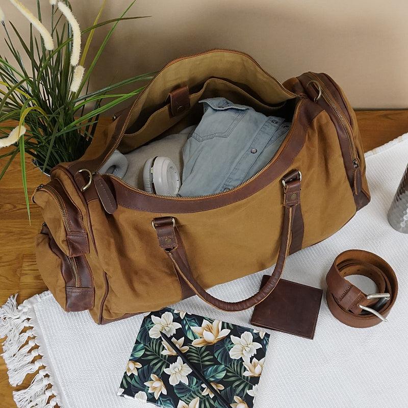 Leconi Reisetasche Weekender Sporttasche Leder Canvas Cognac LE2017