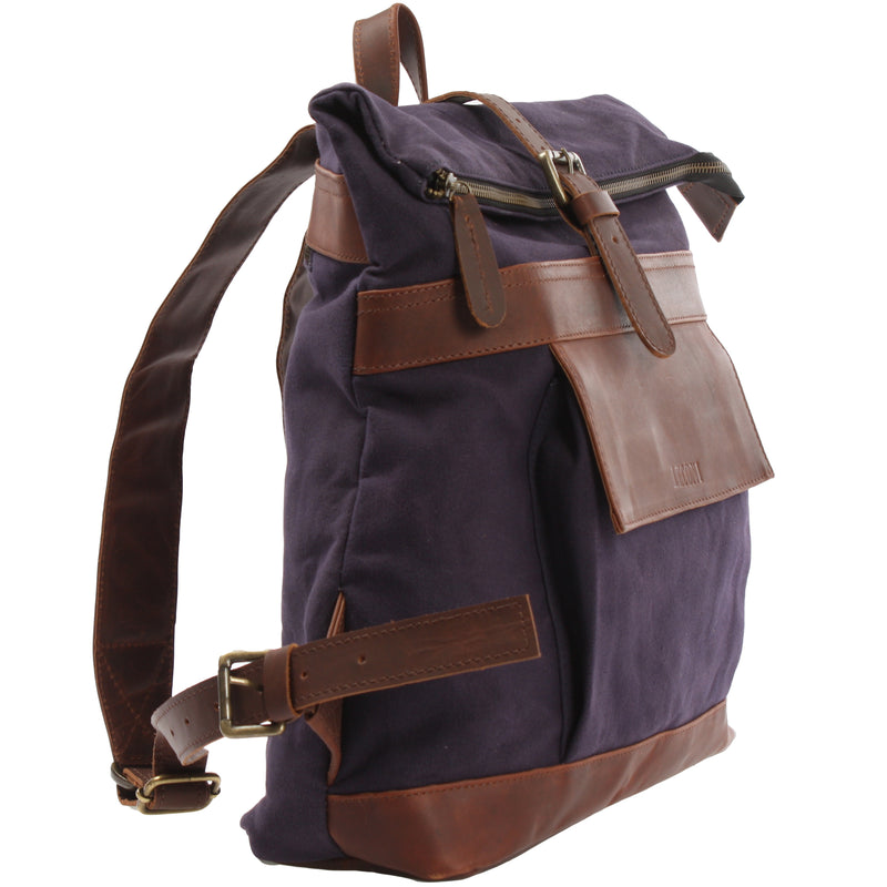 Leconi Roll Top Rucksack Freizeitrucksack Damen Herren Canvas Leder Navy LE1035