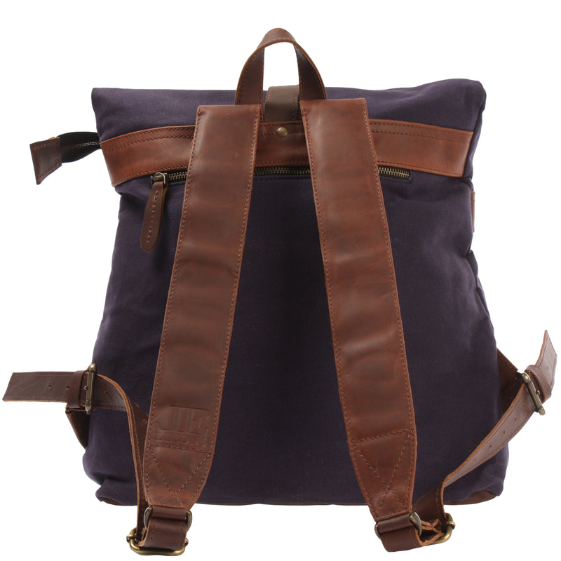 Leconi Roll Top Rucksack Freizeitrucksack Damen Herren Canvas Leder Navy LE1035