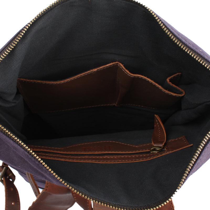 Leconi Roll Top Rucksack Freizeitrucksack Damen Herren Canvas Leder Navy LE1035