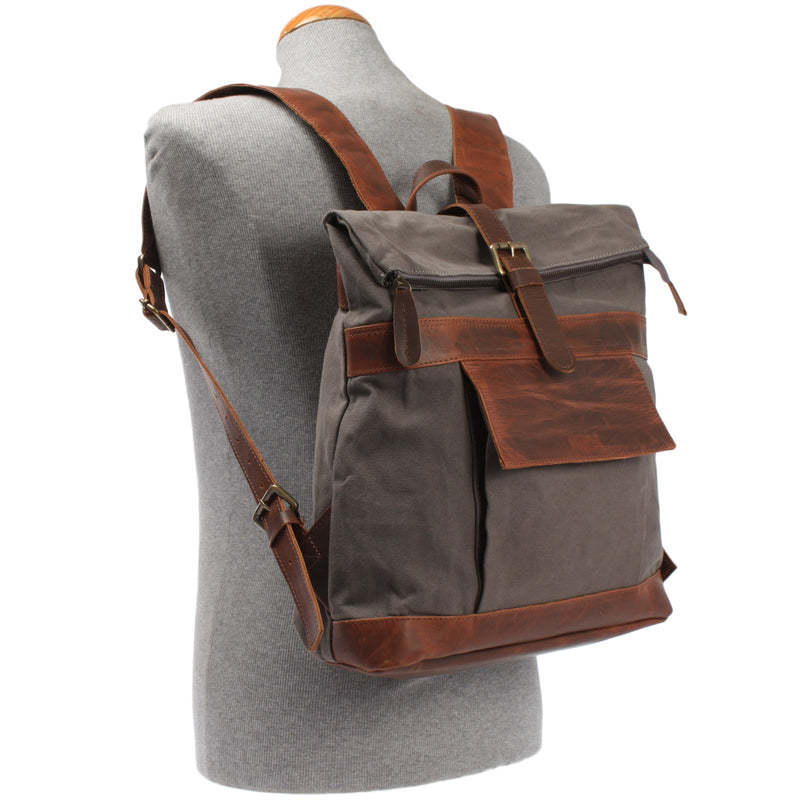 Leconi Roll Top Rucksack Freizeitrucksack Damen Herren Canvas Leder Grau LE1035