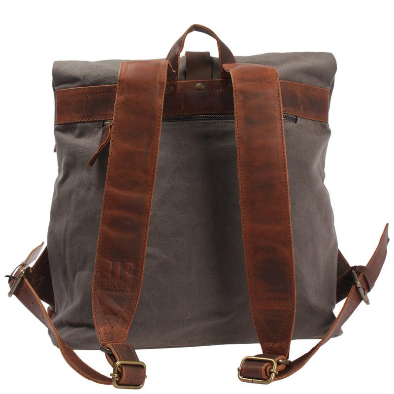 Leconi Roll Top Rucksack Freizeitrucksack Damen Herren Canvas Leder Grau LE1035