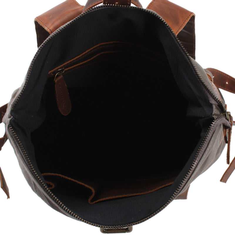 Leconi Roll Top Rucksack Freizeitrucksack Damen Herren Canvas Leder Grau LE1035