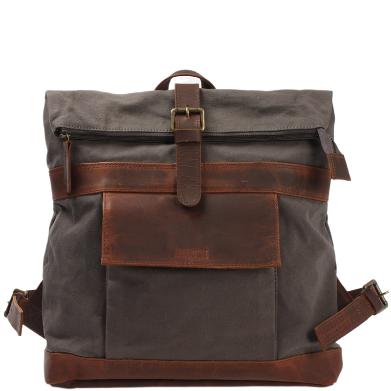 Leconi Roll Top Rucksack Freizeitrucksack Damen Herren Canvas Leder grau LE1035