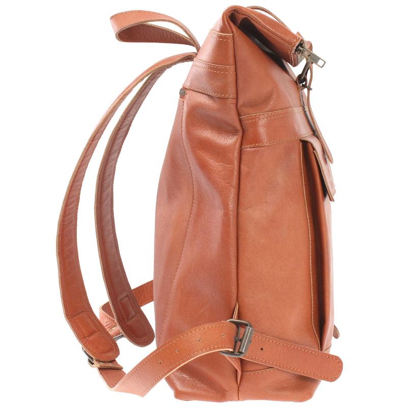 Leconi Roll Top Rucksack Lederrucksack Freizeitrucksack Damen Herren Leder Cognac LE1025