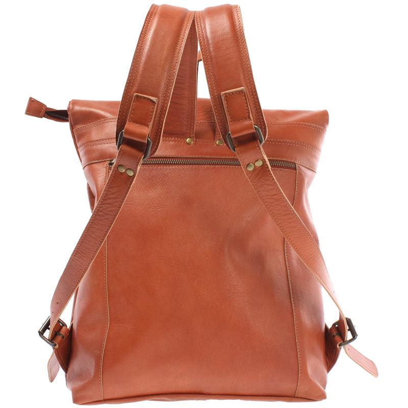 Leconi Roll Top Rucksack Lederrucksack Freizeitrucksack Damen Herren Leder Cognac LE1025