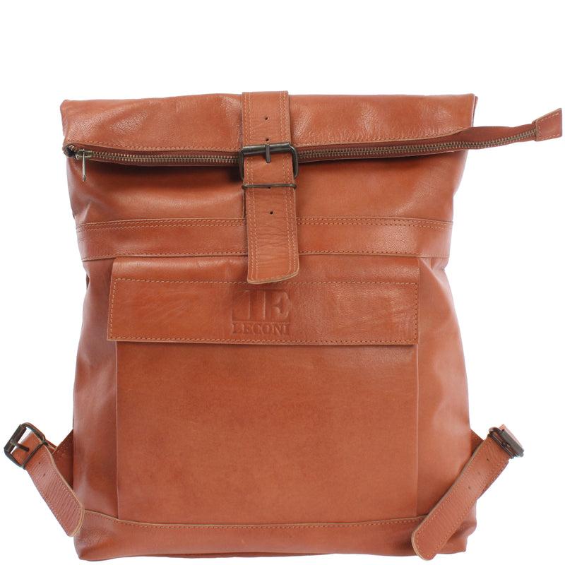 Leconi Roll Top Rucksack Lederrucksack Freizeitrucksack Damen Herren Leder cognac LE1025