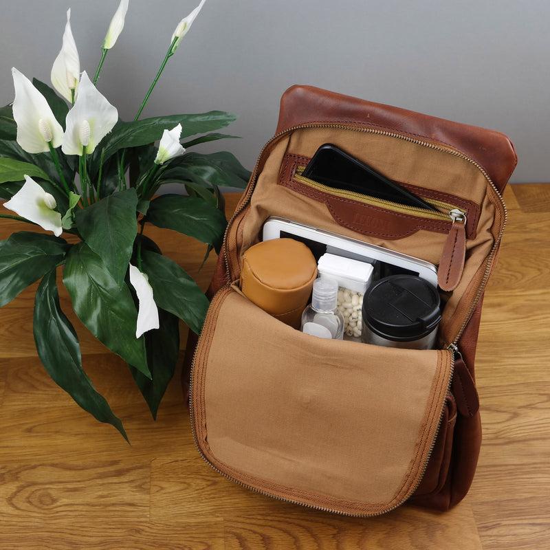 Leconi Rucksack Freizeitrucksack Vintage Lederrucksack Damen Herren Leder Braun LE1008