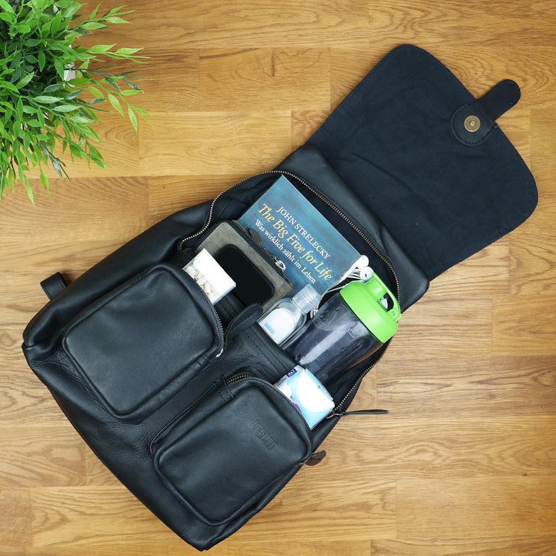 Leconi Rucksack Freizeitrucksack Vintage Lederrucksack Damen Herren Leder Schwarz LE1008