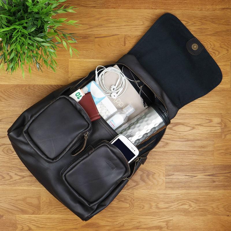 Leconi Rucksack Freizeitrucksack Vintage Lederrucksack Damen Herren Leder Dunkelbraun LE1008