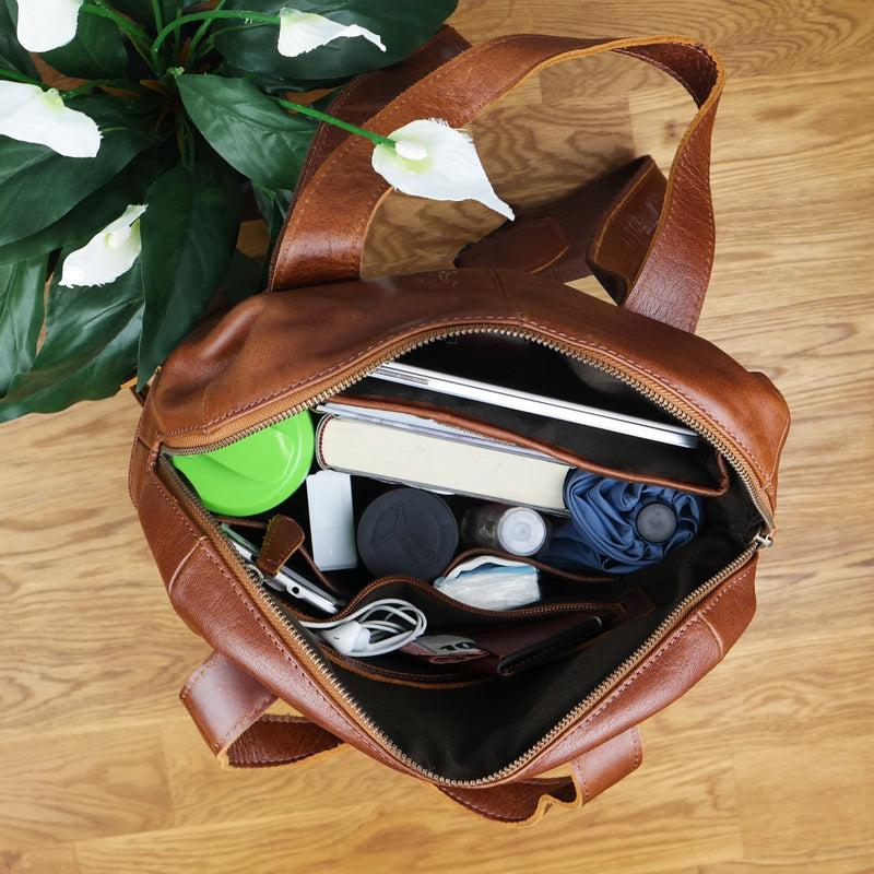 Leconi Rucksack Lederrucksack Freizeitrucksack Damen Herren Leder Braun LE1023