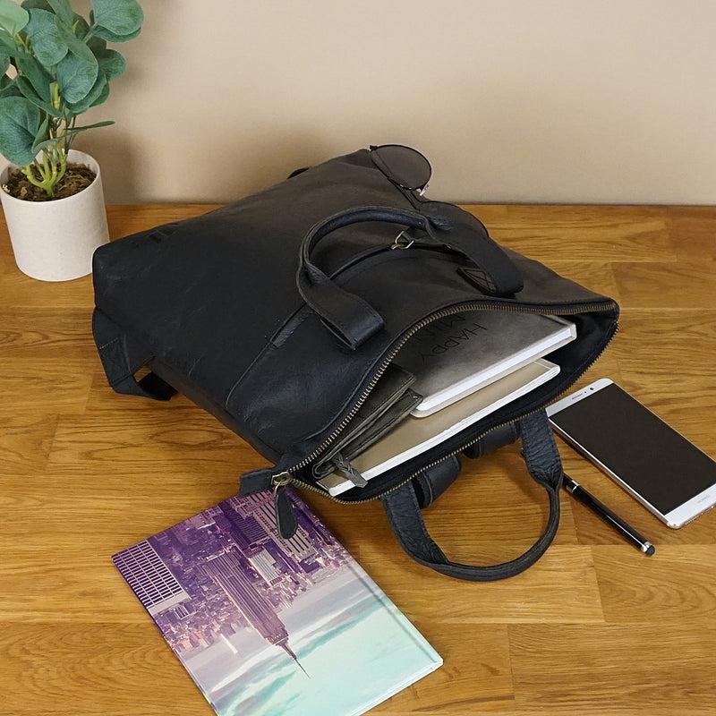 Leconi Rucksack Lederrucksack Freizeitrucksack Damen Herren Leder Schwarz LE1031