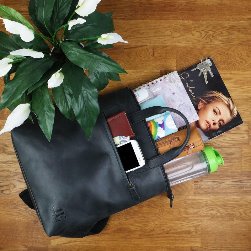 Leconi Rucksack Lederrucksack Freizeitrucksack Damen Herren Leder Dunkelgrau LE1031