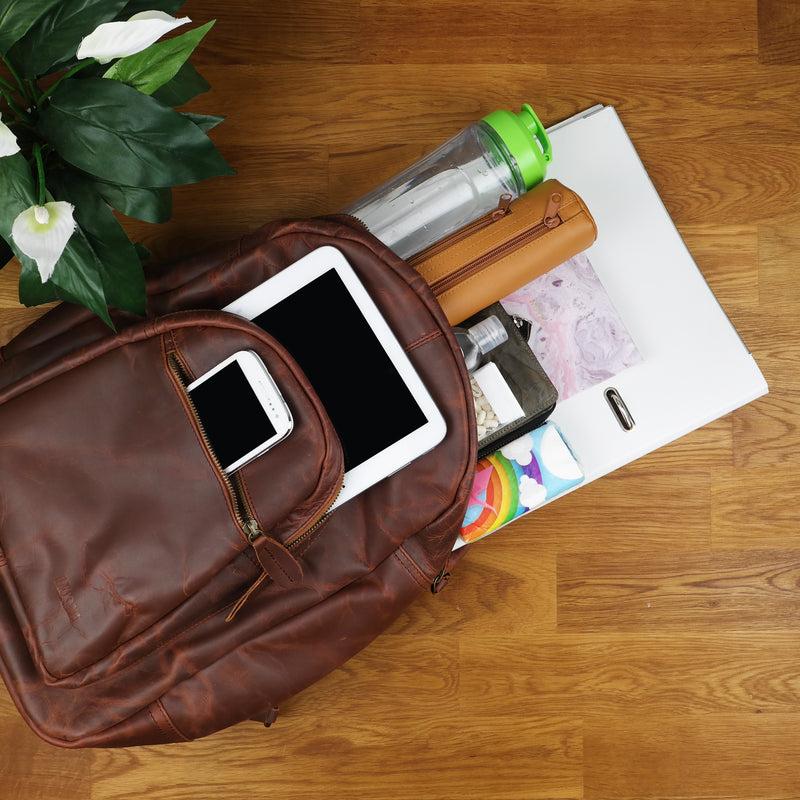 Leconi Rucksack Lederrucksack Freizeitrucksack Damen Herren Leder Braun LE1017