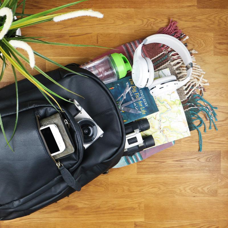 Leconi Rucksack Lederrucksack Freizeitrucksack Damen Herren Leder Schwarz LE1017