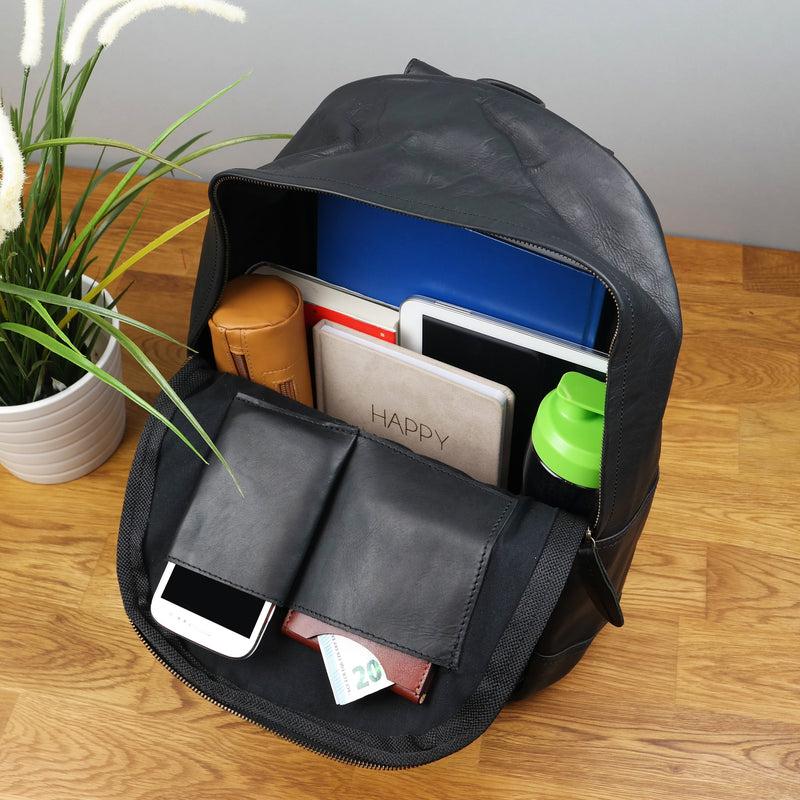 Leconi Rucksack Lederrucksack Freizeitrucksack Damen Herren Leder Schwarz LE1009