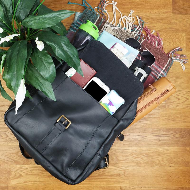 Leconi Rucksack Lederrucksack Freizeitrucksack Damen Herren Leder Schwarz LE1016