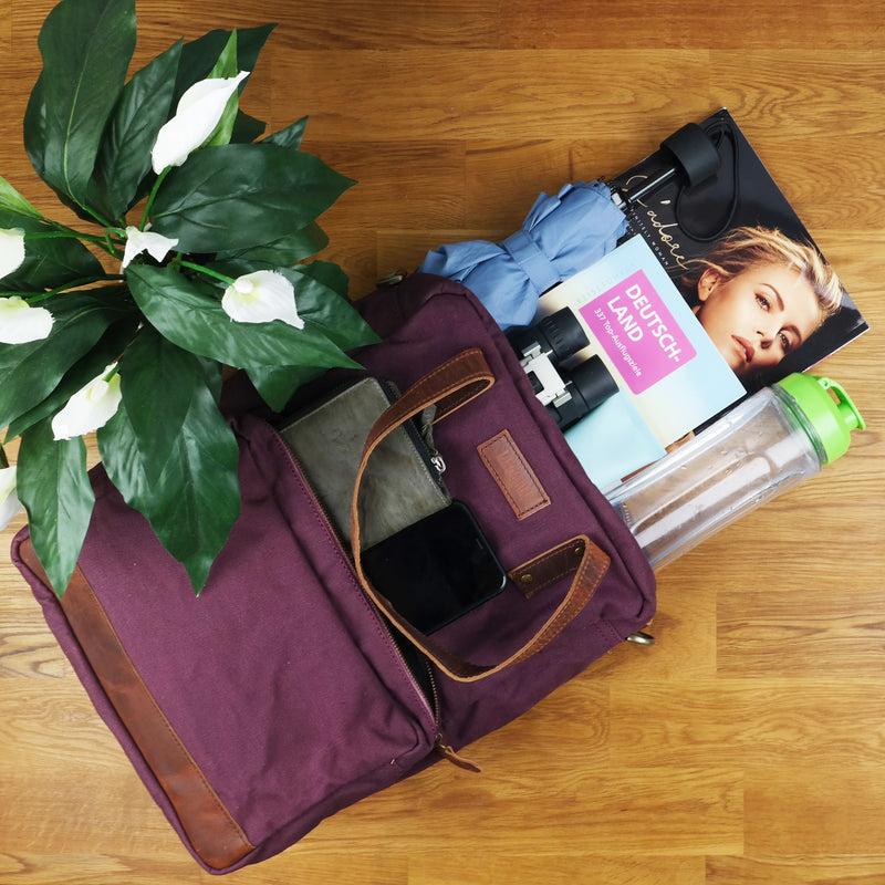 Leconi Rucksack Umhängetasche Damen Herren Leder Canvas Bordeaux LE1014