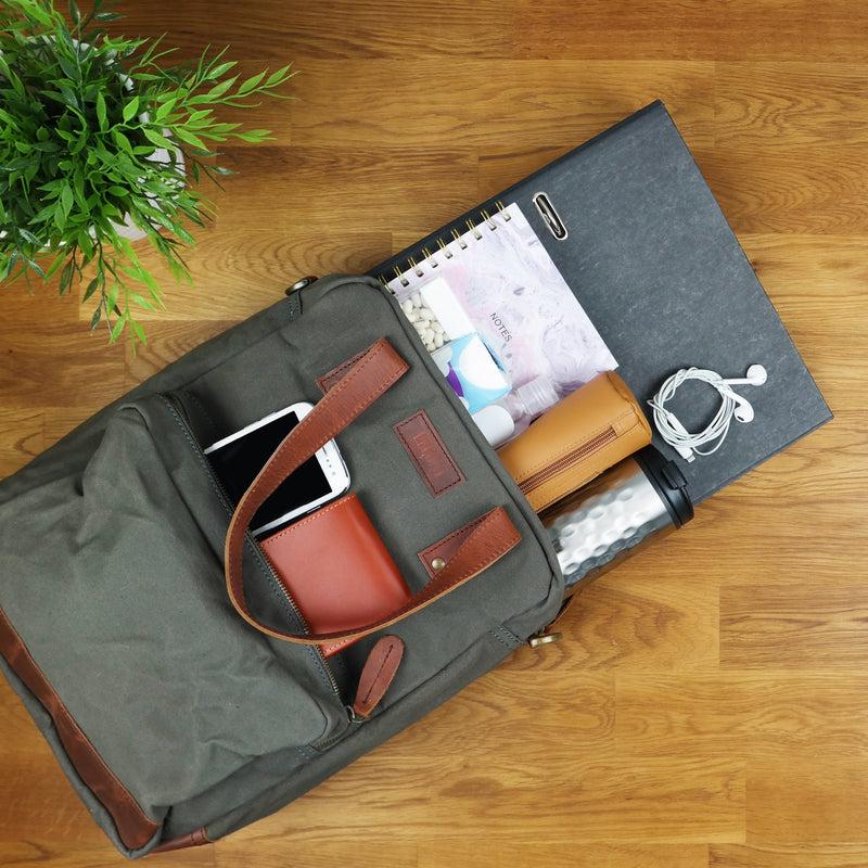 Leconi Rucksack Umhängetasche Damen Herren Leder Canvas Grau LE1014