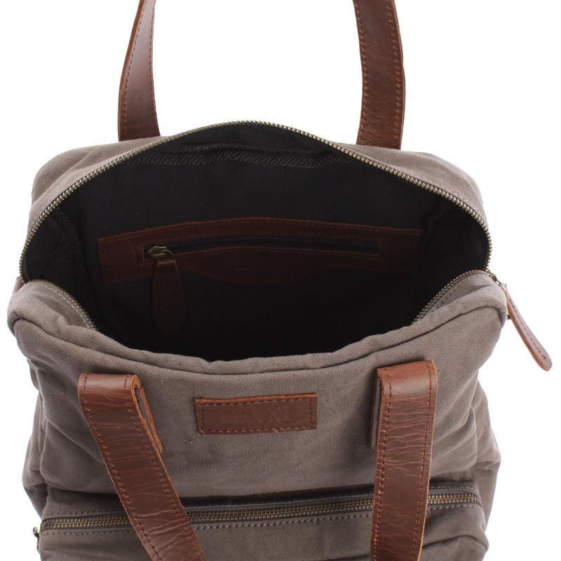 Leconi Rucksack Umhängetasche Damen Herren Leder Canvas Grau LE1014