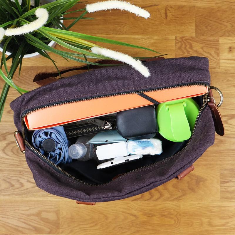 Leconi Rucksack Umhängetasche Damen Herren Leder Canvas Mokka LE1014