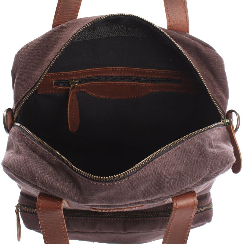 Leconi Rucksack Umhängetasche Damen Herren Leder Canvas Mokka LE1014