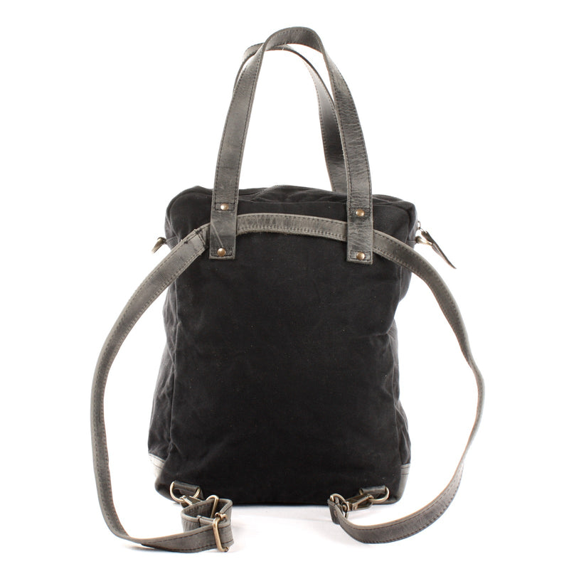 Leconi Rucksack Umhängetasche Damen Herren Leder Canvas Schwarz LE1014