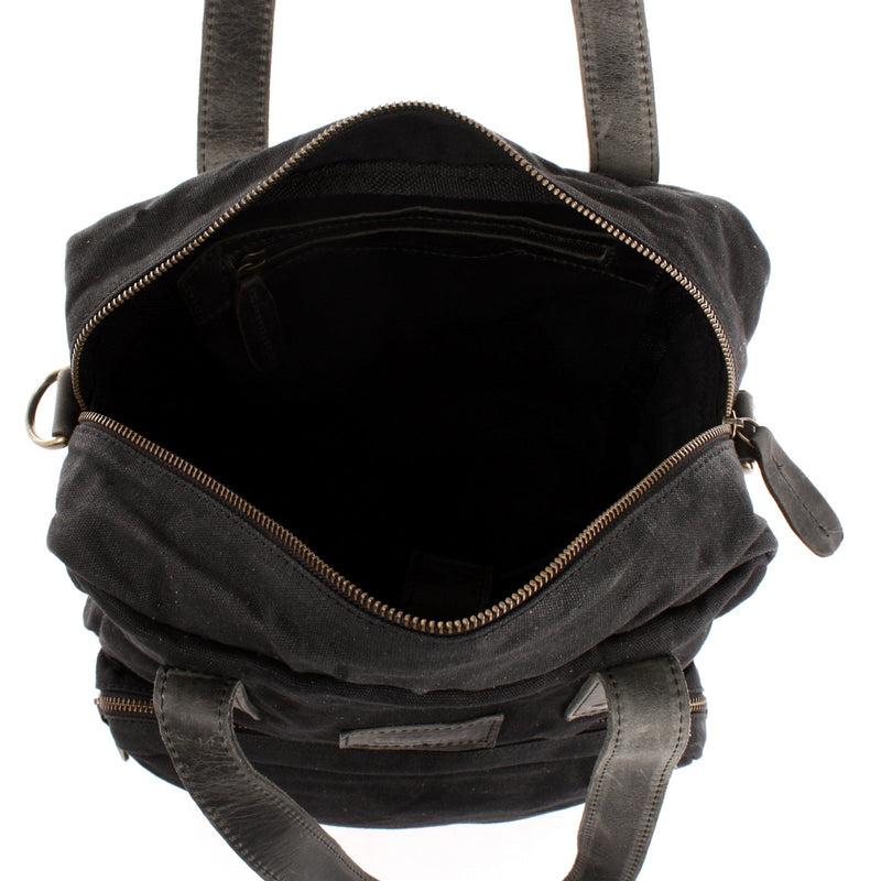 Leconi Rucksack Umhängetasche Damen Herren Leder Canvas Schwarz LE1014