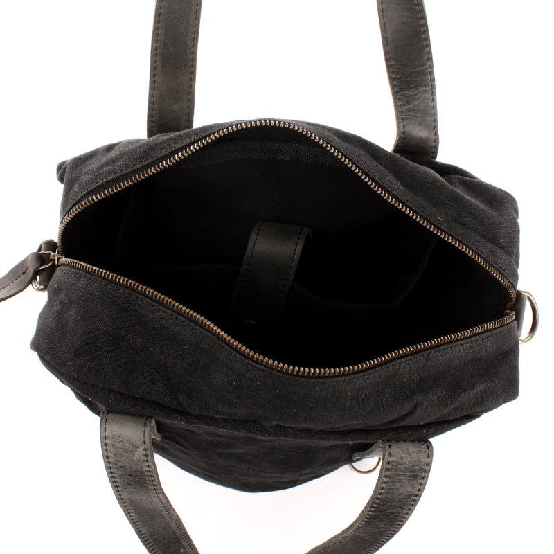 Leconi Rucksack Umhängetasche Damen Herren Leder Canvas Schwarz LE1014