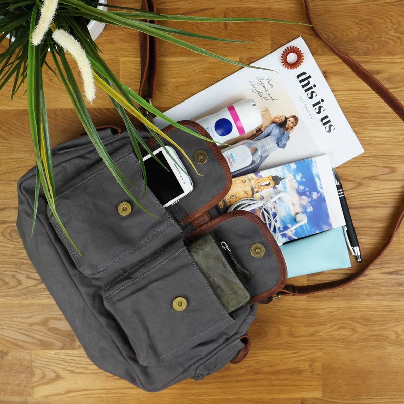 Leconi Schultertasche Damentasche Canvas Leder Grau LE0042