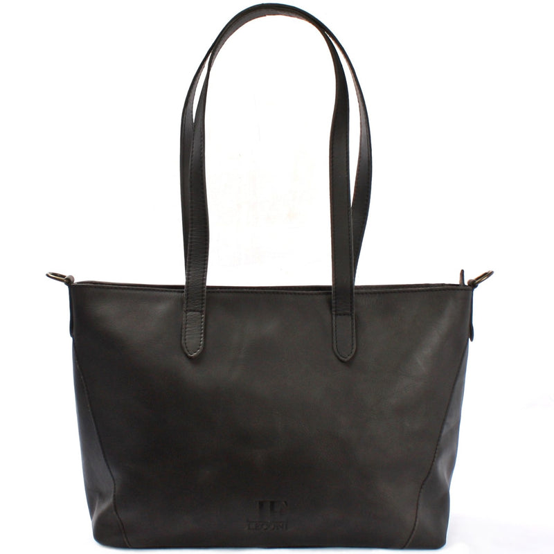 Leconi Schultertasche Damentasche DIN A4 Leder dunkelgrau LE0071