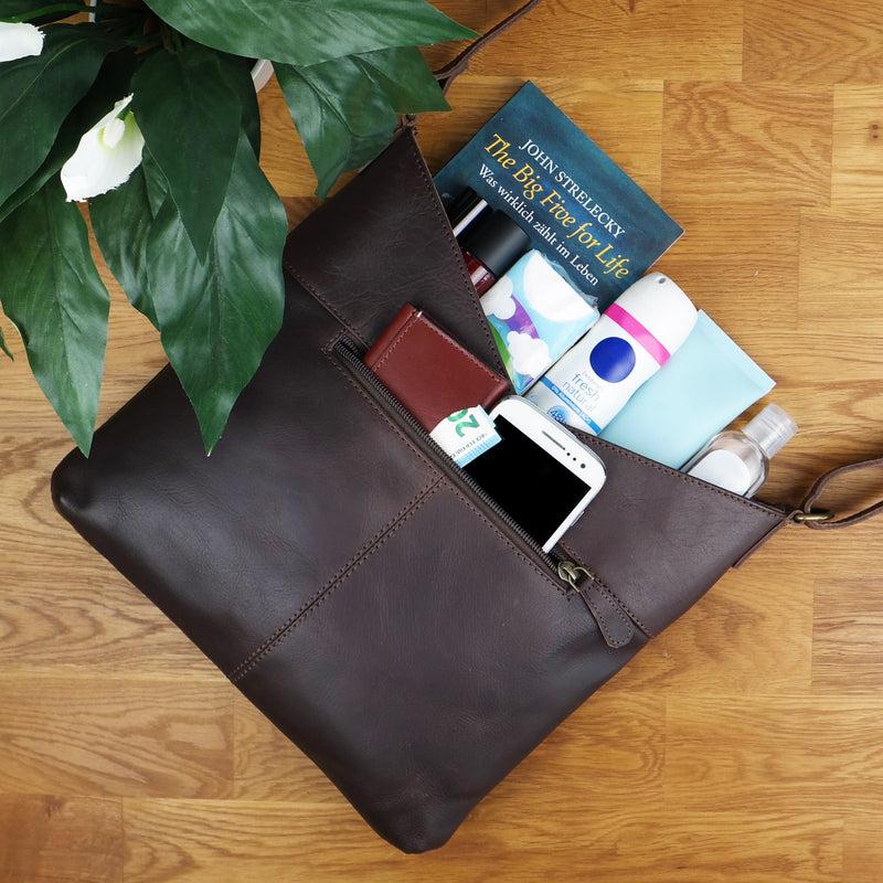 Leconi Schultertasche Damentasche Handtasche Leder Dunkelbraun LE0065