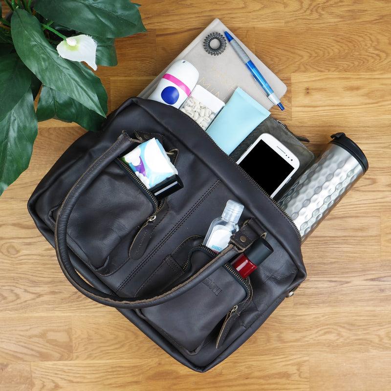 Leconi Schultertasche Handtasche Henkeltasche Damen Leder Dunkelbraun LE0046