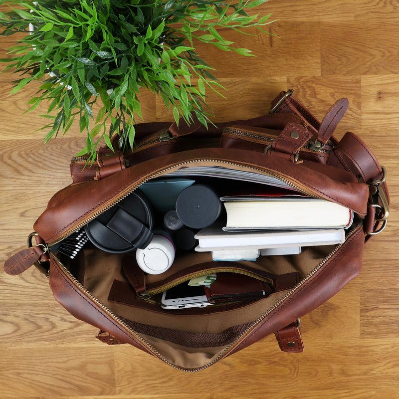 Leconi Schultertasche Handtasche Henkeltasche Damen Leder Braun LE0046