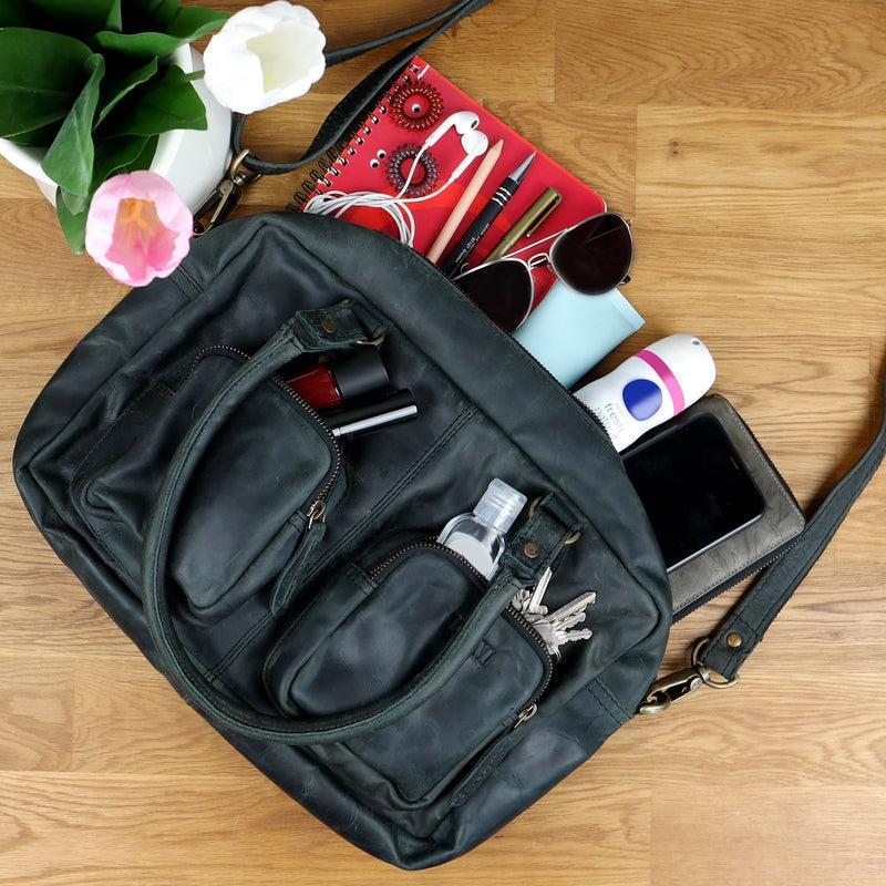 Leconi Schultertasche Handtasche Henkeltasche Damen Leder Grau LE0046