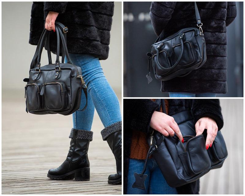 Leconi Schultertasche Handtasche Henkeltasche Damen Leder Schwarz LE0046