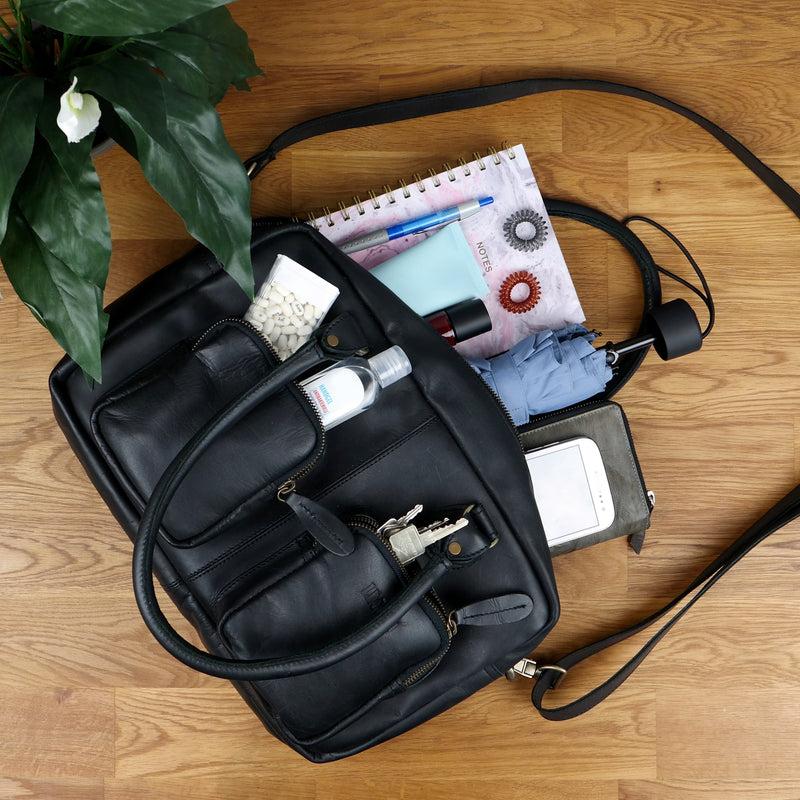 Leconi Schultertasche Handtasche Henkeltasche Damen Leder Schwarz LE0046