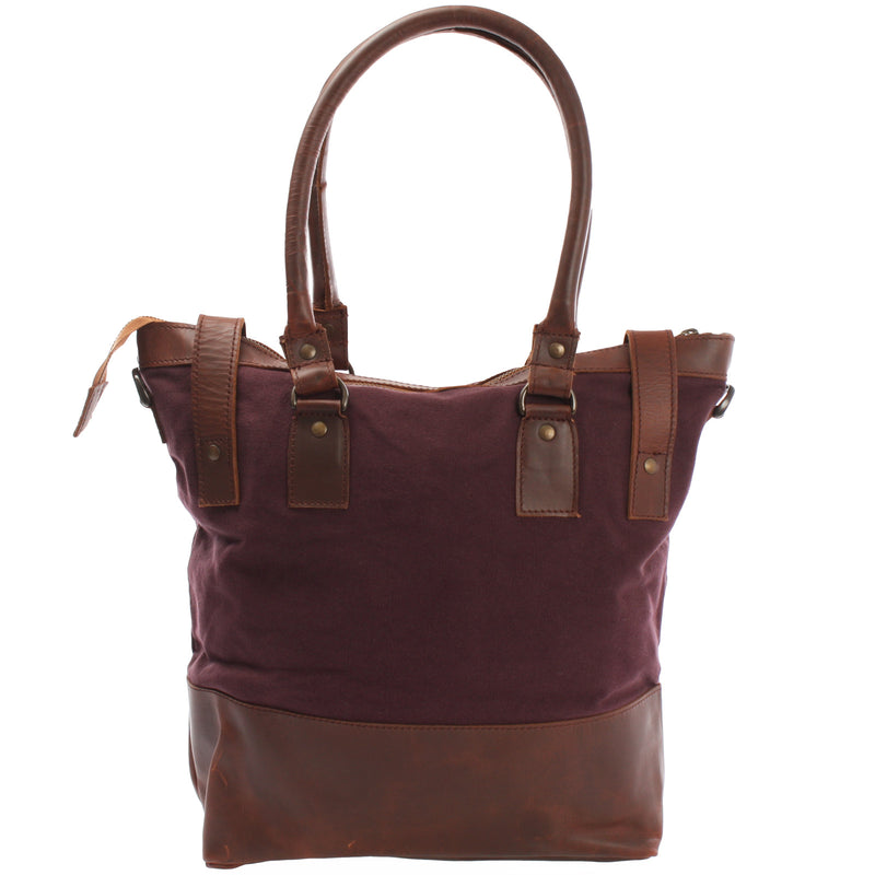 Leconi Schultertasche Handtasche Kleiner Shopper Leder Canvas Bordeaux LE0056