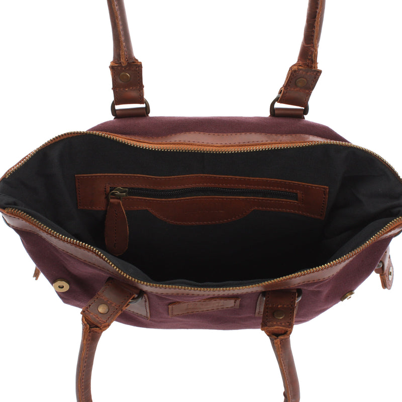Leconi Schultertasche Handtasche Kleiner Shopper Leder Canvas Bordeaux LE0056