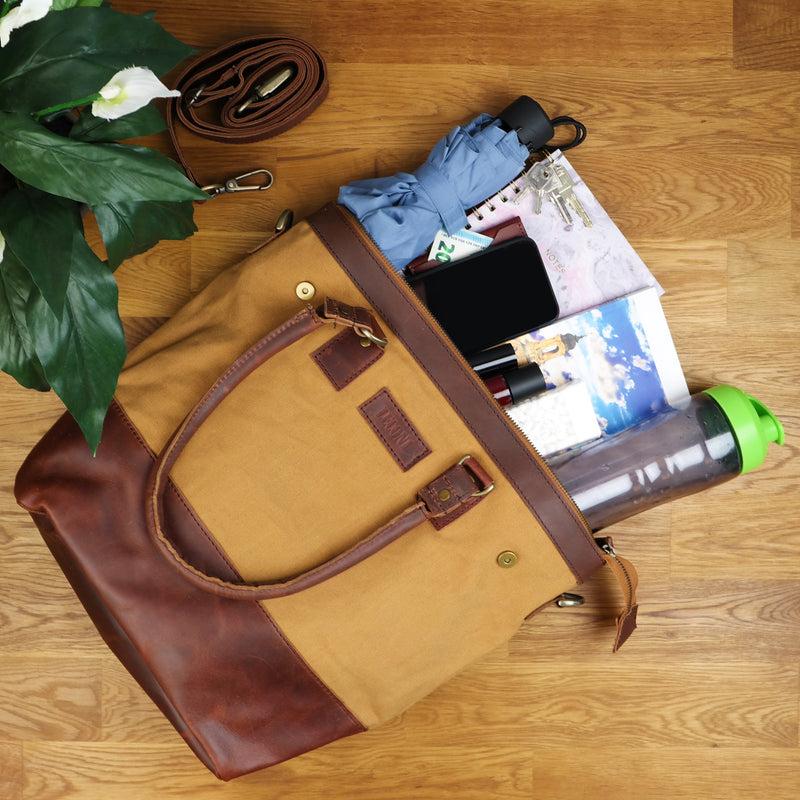 Leconi Schultertasche Handtasche Kleiner Shopper Leder Canvas Cognac LE0056