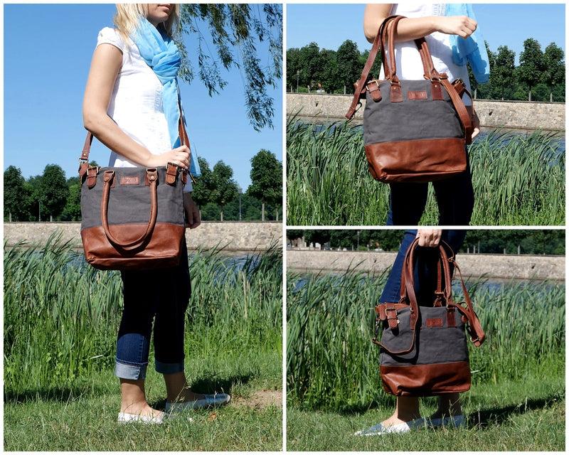 Leconi Schultertasche Handtasche Kleiner Shopper Leder Canvas Grau LE0056