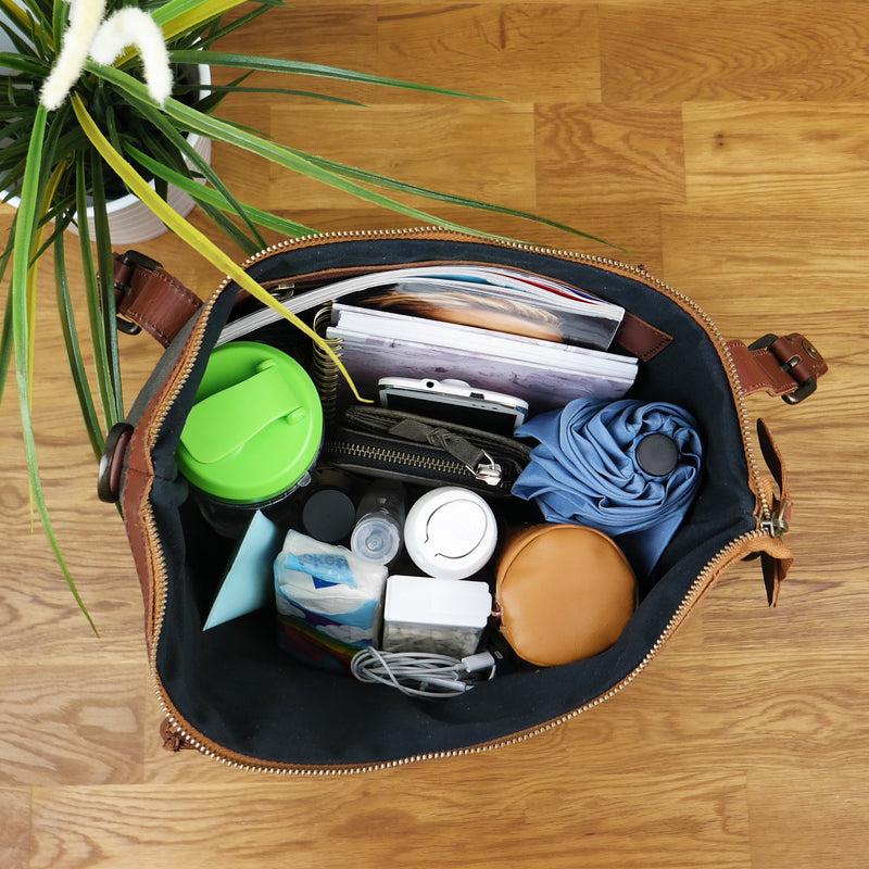 Leconi Schultertasche Handtasche Kleiner Shopper Leder Canvas Grau LE0056