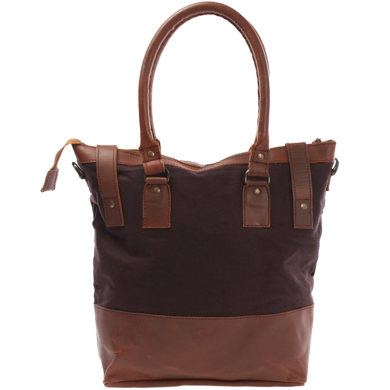 Leconi Schultertasche Handtasche Kleiner Shopper Leder Canvas Mokka LE0056