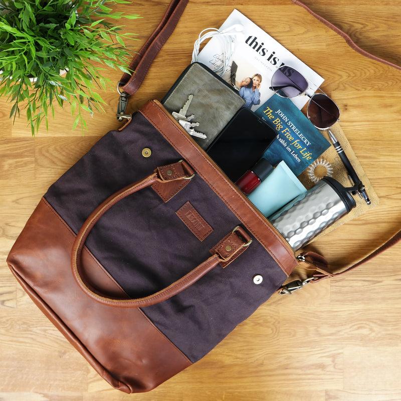 Leconi Schultertasche Handtasche Kleiner Shopper Leder Canvas Mokka LE0056