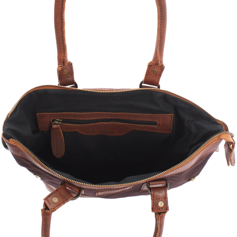 Leconi Schultertasche Handtasche Kleiner Shopper Leder Canvas Mokka LE0056