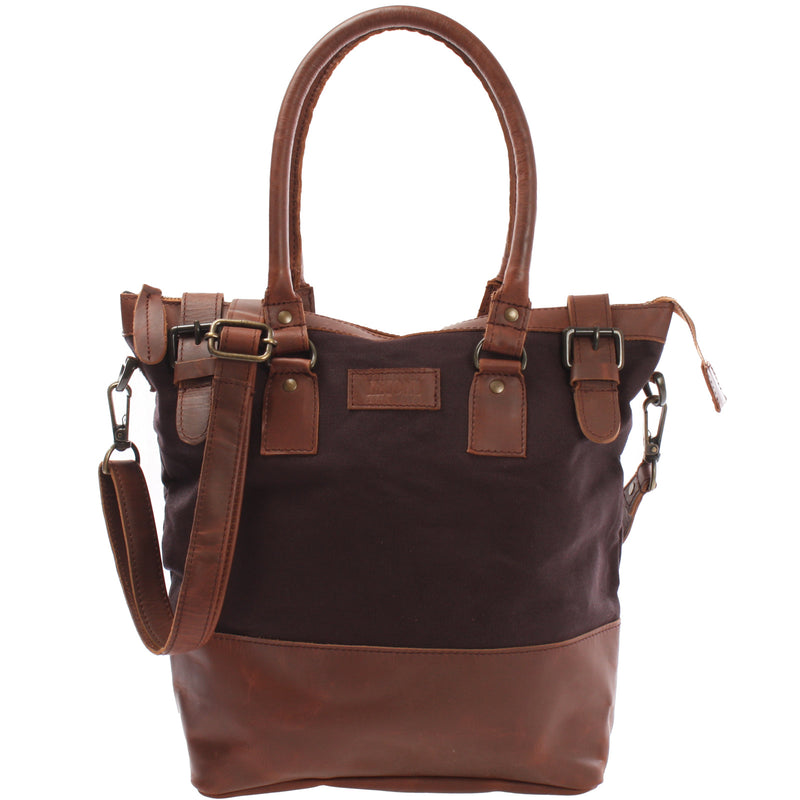 Leconi Schultertasche Handtasche kleiner Shopper Leder Canvas mokka LE0056