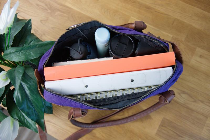 Leconi Schultertasche Henkeltasche Damentasche Handtasche Leder Canvas Lila LE0050