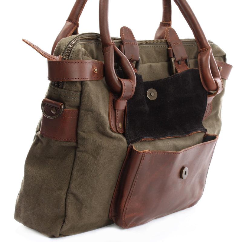 Leconi Schultertasche Henkeltasche Damentasche Handtasche Leder Canvas Grün LE0050