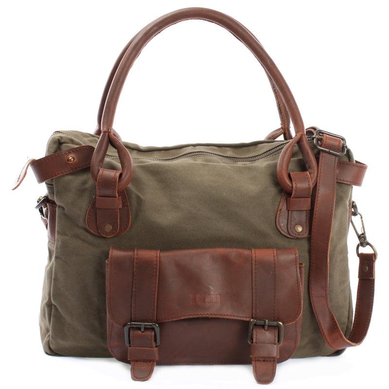 Leconi Schultertasche Henkeltasche Damentasche Handtasche Leder Canvas grün LE0050