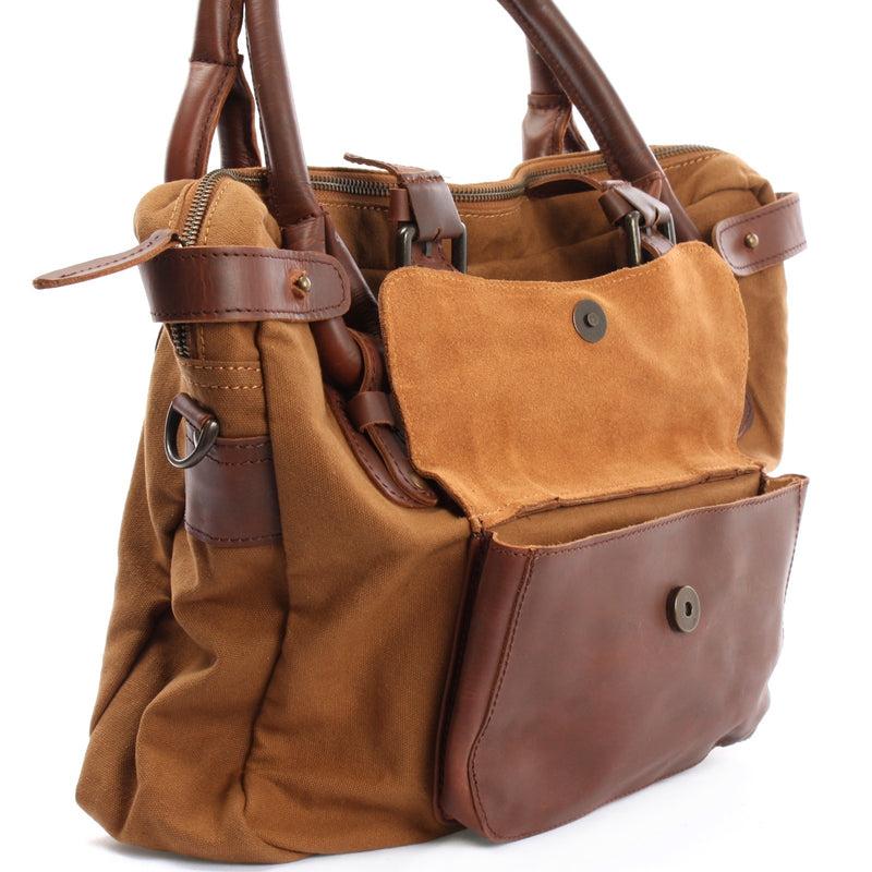 Leconi Schultertasche Henkeltasche Damentasche Handtasche Leder Canvas Cognac LE0050